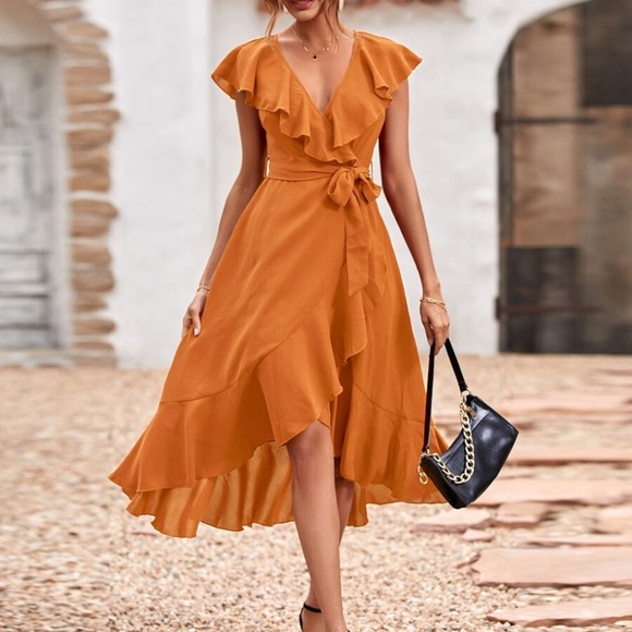 Boho Dusty Blue ruffle hem wrap belted Maxi Dress - Picture 7 of 12